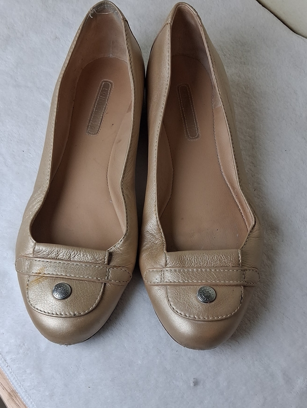Longchamp Metallic Beige Gold Leather Ballet Flats